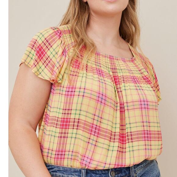 Torrid Yellow Plaid Smocked Blouse Women's Size 3X Crinkle Gauze Crew Neck Top - Picture 11 of 11